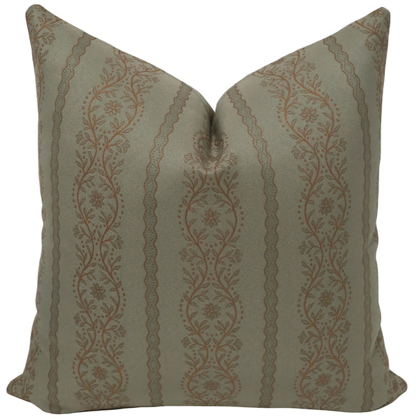 Margaux Floral Stripe Green Pillow Cover - square size, woven jacquard floral stripe fabric in sage and copper, indoor decorative pillow