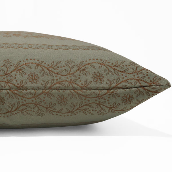 Close-up texture detail of Margaux Floral Stripe Green Pillow Cover showing woven jacquard floral and ribbon stripe pattern