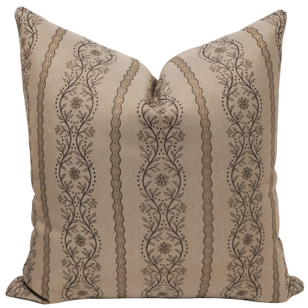 Margaux Floral Stripe Ale Pillow Cover - square size, woven jacquard floral stripe fabric in tan and brown, indoor decorative pillow