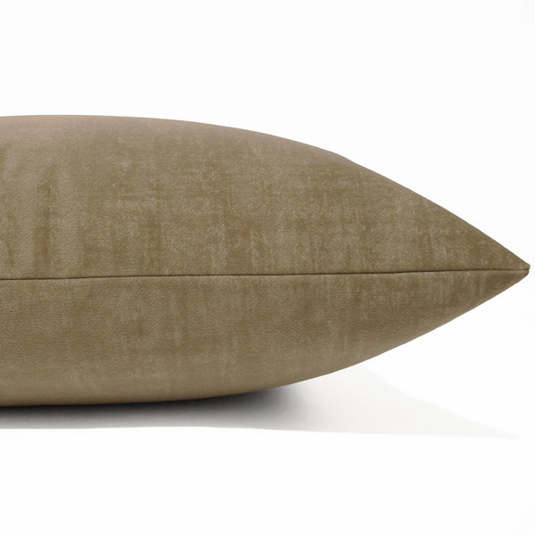 Khaki velvet pillow cover with soft smooth finish, front corner detail