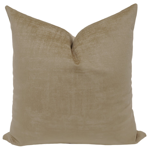 A square throw pillow in a textured taupe-beige fabric, shown against a plain white background.