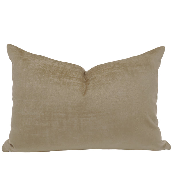 A square beige throw pillow with a textured, slightly brushed fabric finish, shown against a plain white background.
