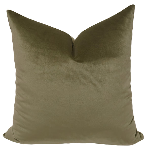 Moss velvet throw pillow cover, full front view showing deep olive-green tone