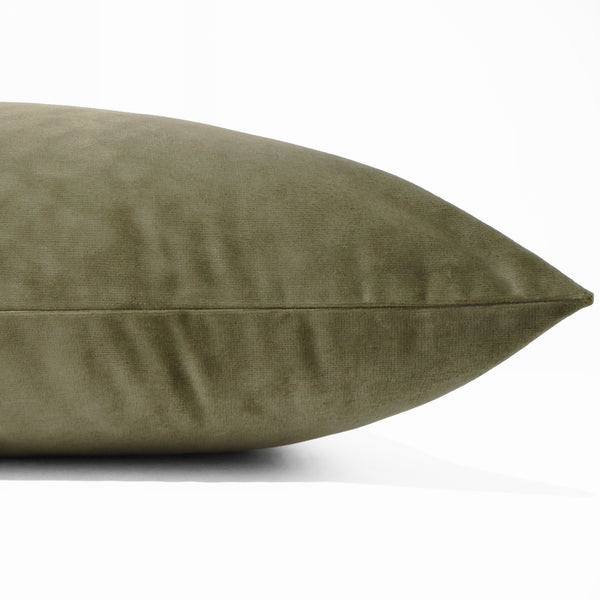 Moss velvet pillow cover with soft matte texture, front corner detail