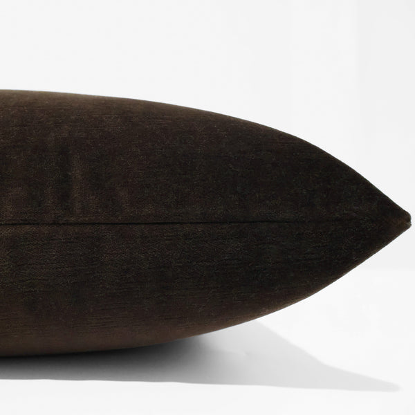 Umber velvet pillow cover with heathered woven texture, front corner detail