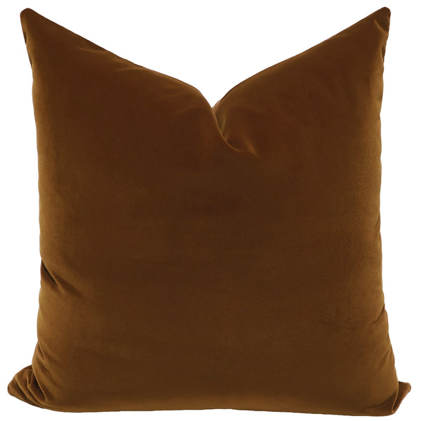 Nutmeg velvet throw pillow cover, full front view showing warm medium brown tone