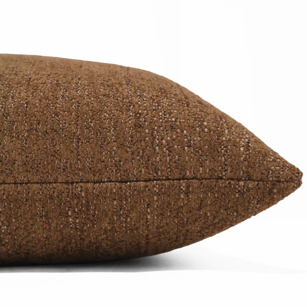 Cognac tweed pillow cover with soft woven texture, front corner detail