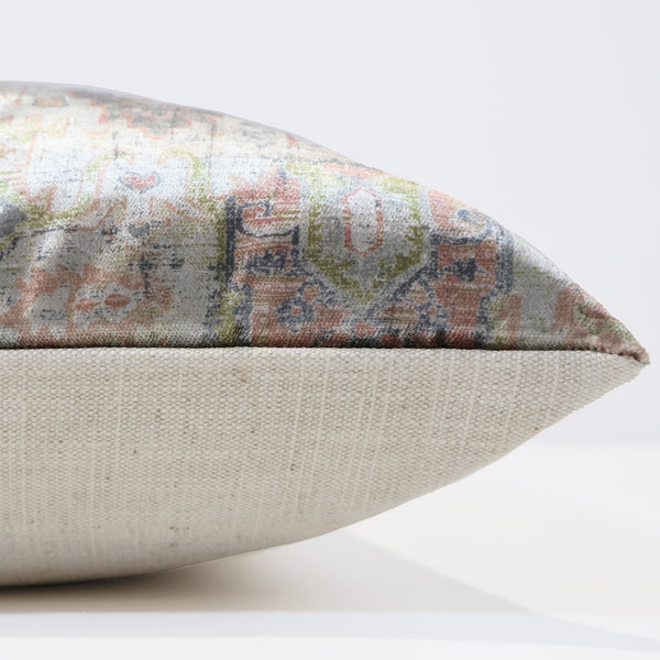 Marlowe medallion pillow cover with faded vintage rug pattern, front corner detail