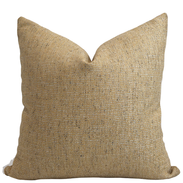 Antiqued Gold Pillow Cover in warm gold textured upholstery fabric with ivory and charcoal woven flecks, handmade by Hackner Home for luxury modern organic and traditional interiors.