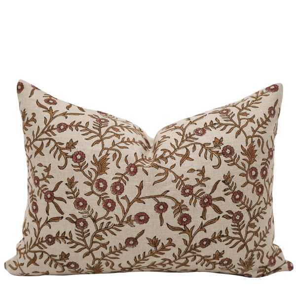 Autumn Vine Linen Block Print Lumbar Pillow Cover featuring hand block printed rust and brown trailing floral vines on natural 100% linen, handmade by Hackner Home.