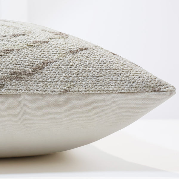 Birch Blossom decorative pillow cover in ivory and taupe woven botanical upholstery fabric, handmade in North Carolina by Hackner Home. Side view of Cushion Cover
