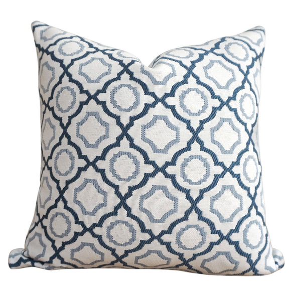 Blue Mosaic Indoor/Outdoor Pillow Cover featuring a blue and ivory geometric trellis pattern, handmade by Hackner Home for coastal patios and designer interiors.