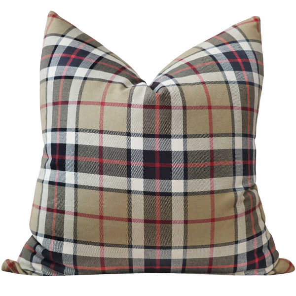 Brown Sugar Plaid Pillow Cover in brown sugar, cream, charcoal, and muted red plaid cotton, handmade by Hackner Home for cottage, traditional, lodge, and quiet luxury interiors.