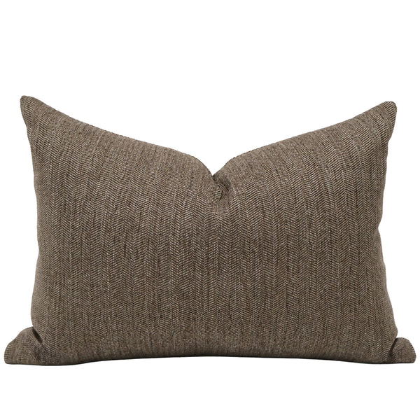 Brown Jumper lumbar pillow cover in rich brown herringbone indoor performance upholstery fabric, handmade by Hackner Home for organic modern and rustic luxury interiors.