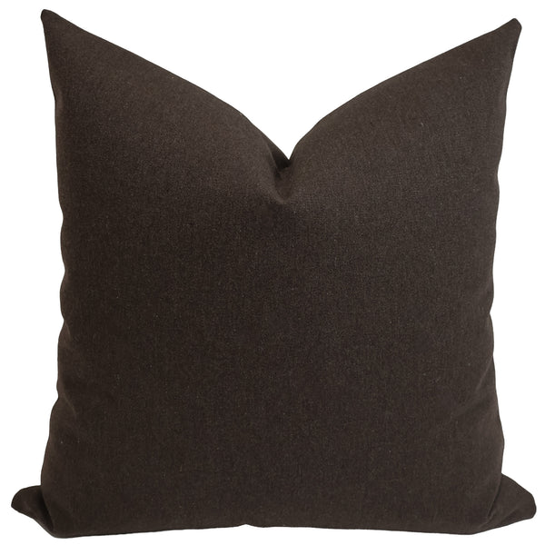Burnt Walnut Pillow Cover in rich brown Sunbrella® indoor/outdoor performance fabric featuring subtle woven flecks of ivory, blue, red, and black, handmade by Hackner Home.