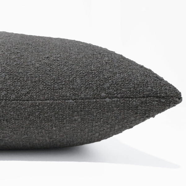 Close-up texture detail of Charcoal Boucle Pillow Cover showing deep looped boucle performance fabric weave