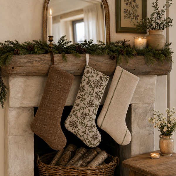 Close-up of the wool plaid stocking from The Cottage Christmas Stocking Set, with a brown leather hanging loop.