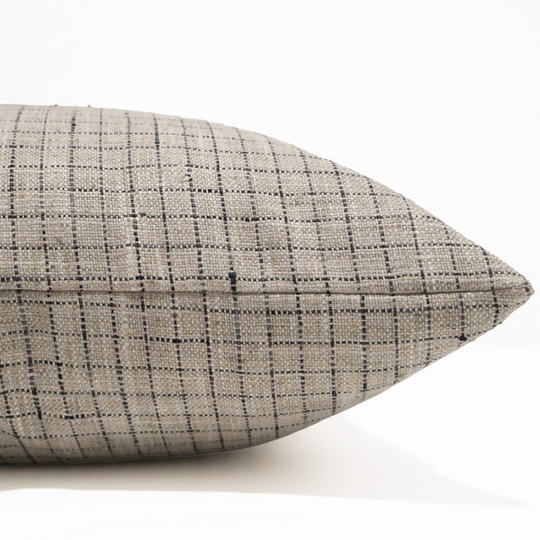 Checkmate Plaid Pillow Cover in textured flax and oatmeal upholstery fabric with a subtle charcoal windowpane plaid, handmade by Hackner Home for luxury modern organic and transitional interiors. Side View of cushion cover