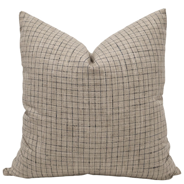 Checkmate Plaid Pillow Cover in textured flax and oatmeal upholstery fabric with a subtle charcoal windowpane plaid, handmade by Hackner Home for luxury modern organic and transitional interiors.