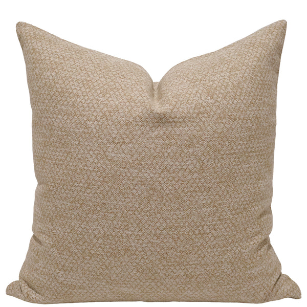Corn Blossom Pillow Cover in warm wheat and ivory textured woven upholstery fabric, handmade by Hackner Home for modern organic, coastal, farmhouse, and luxury interiors.