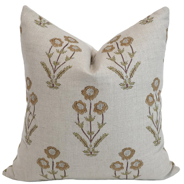 Golden Spring Botanical Pillow Cover featuring hand block printed golden yellow and sage green floral motifs on natural 100% linen, handmade by Hackner Home.