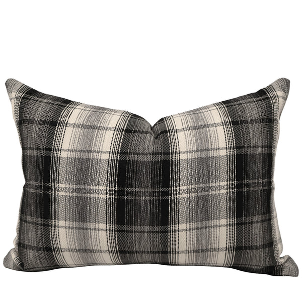 Highland Plaid Lumbar Pillow Cover in black, ivory, charcoal, and gray performance upholstery fabric, handmade by Hackner Home for traditional and modern farmhouse interiors.