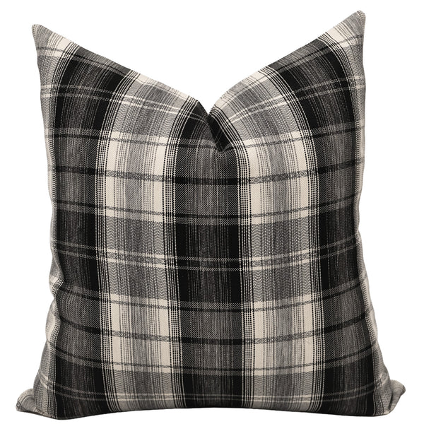 Highland Plaid Pillow Cover in black, ivory, charcoal, and gray performance upholstery fabric, handmade by Hackner Home for traditional and modern farmhouse interiors.