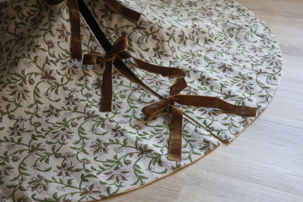 Linen Amaryllis Block Print Christmas Tree Skirt