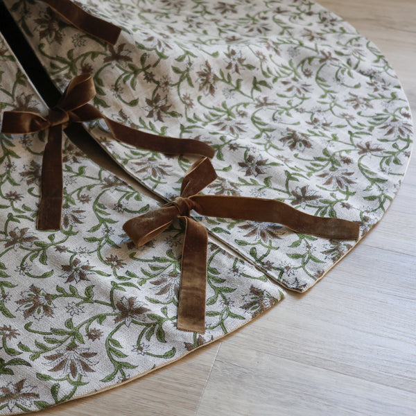 Linen Amaryllis Block Print Christmas Tree Skirt