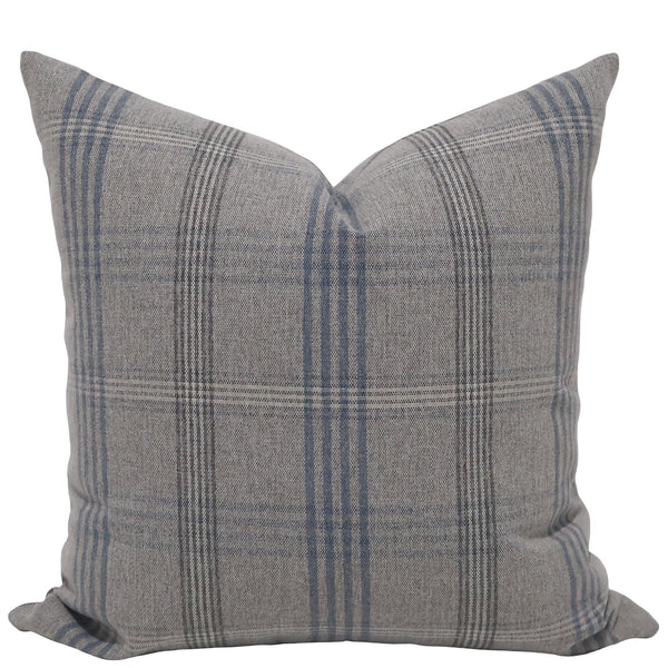 Blue Glen Plaid decorative pillow cover in soft gray and blue windowpane plaid upholstery fabric, handmade in North Carolina by Hackner Home