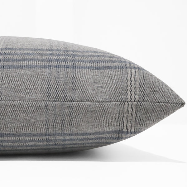 Blue Glen Plaid decorative pillow cover in soft gray and blue windowpane plaid upholstery fabric, handmade in North Carolina by Hackner Home. Side View of Cushion Cover