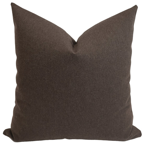 Burnt Walnut Indoor/Outdoor Pillow Cover in deep walnut brown Sunbrella® fabric with ivory, blue, red, and black flecks, handmade by Hackner Home for luxury indoor and outdoor spaces.