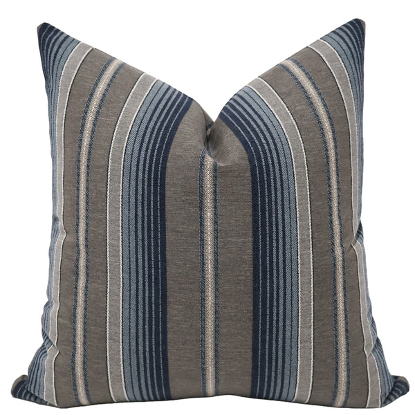 Sailcloth Stripe Pillow Cover in navy, slate blue, taupe, and greige textured stripe weave, handmade by Hackner Home for coastal and transitional interiors.