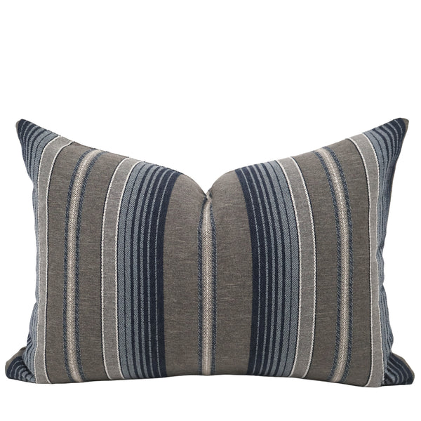 Sailcloth Stripe Lumbar Pillow Cover in navy, slate blue, taupe, and greige stripe weave.