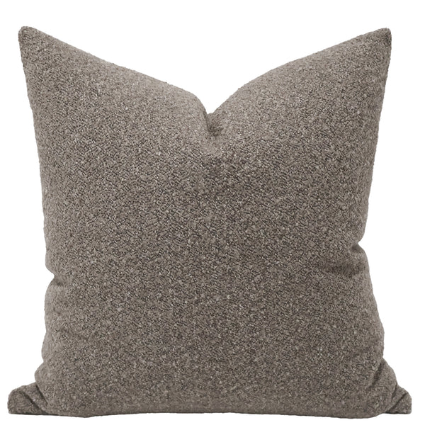 Woodland Bouclé Pillow Cover in warm mushroom-brown, textured bouclé-inspired weave, handmade by Hackner Home for organic modern and quiet luxury interiors.
