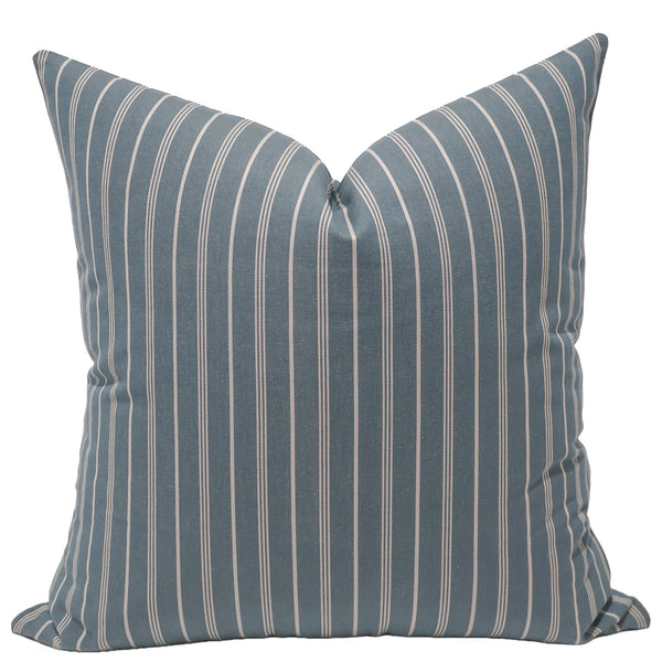 Harbor Pinstripe Pillow Cover in deep blue woven fabric with slim ivory pinstripes, handmade by Hackner Home for coastal and transitional interiors.