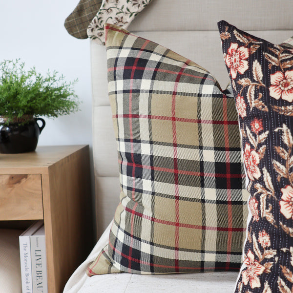 Brown Sugar Plaid Pillow Cover styled with linens, textured weaves, and block prints.