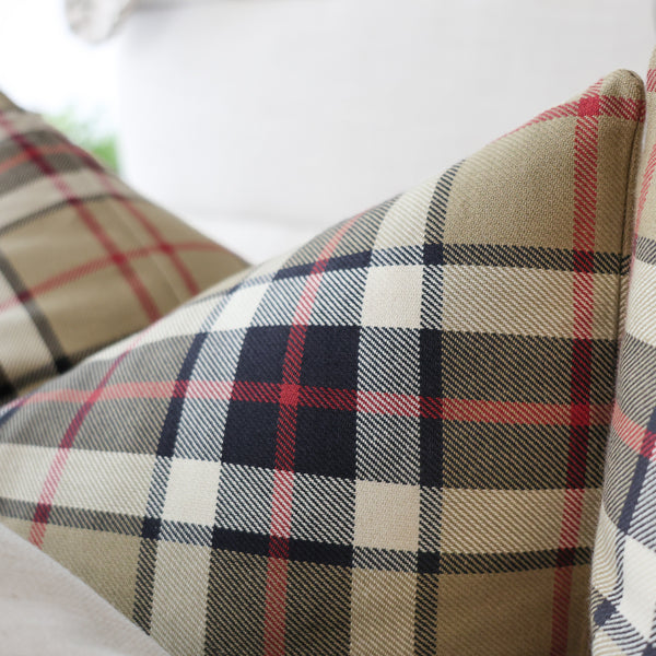 Close-up of the brown sugar plaid pattern and cotton weave on the Brown Sugar Plaid Pillow Cover.