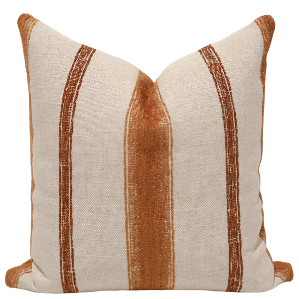 Terracotta Grain Sack Pillow Cover - square size, painted stripe upholstery fabric on natural linen blend, indoor decorative pillow
