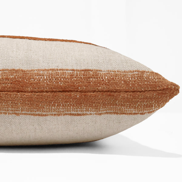 Close-up texture detail of Terracotta Grain Sack Pillow Cover showing painted stripe weave and natural linen blend fabric