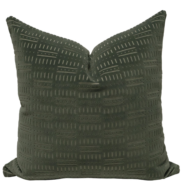 Juniper etched velvet throw pillow cover, full front view showing deep green tone and tribal-inspired texture