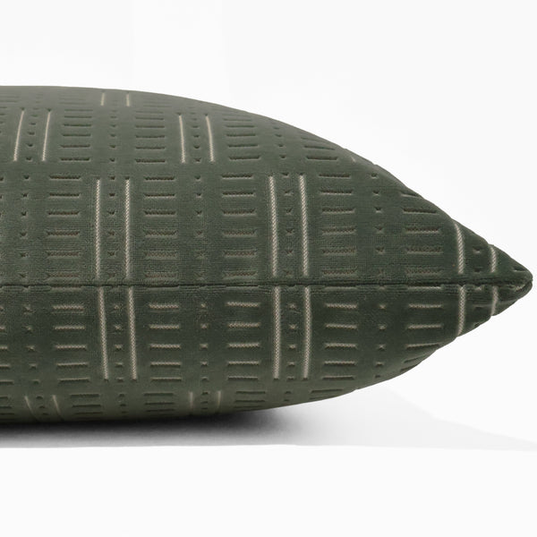 Juniper etched velvet pillow cover with embossed geometric pattern, front corner detail