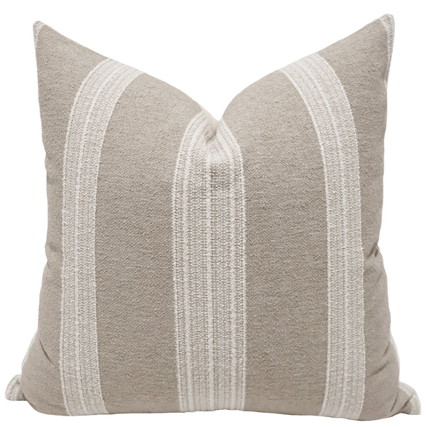 Ivory Ridge Stripe Pillow Cover in warm beige upholstery fabric with raised ivory stripe detailing, handmade by Hackner Home for modern organic and coastal interiors.