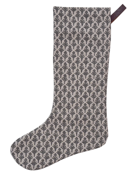 Charcoal Leaf Christmas Stocking in charcoal linen with hand-printed botanical leaf design and 100% leather hook, handmade by Hackner Home.