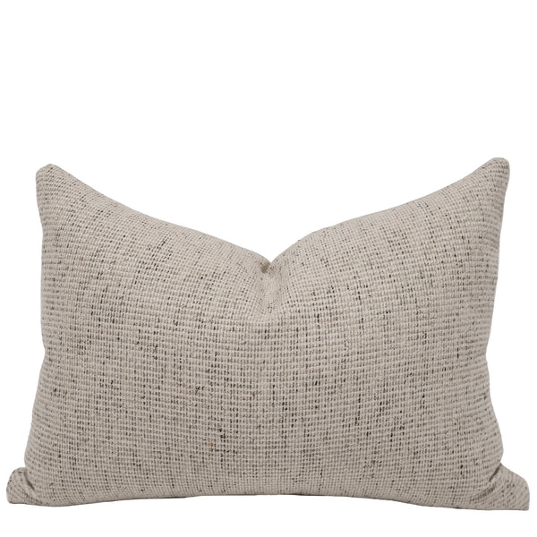 Loom & Linen Lumbar Pillow Cover in textured oatmeal and ivory woven upholstery fabric with subtle charcoal flecks, handcrafted by Hackner Home for luxury modern organic and transitional interiors.
