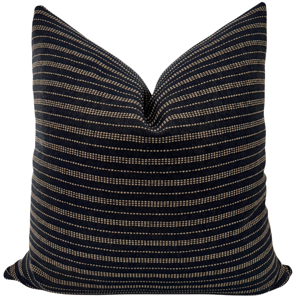Jute Stripe decorative pillow cover handcrafted from premium 100% Olefin performance upholstery fabric featuring a rich blue-black woven texture with natural jute-inspired stripes, luxury designer accent pillow for organic modern, coastal, transitional, and contemporary interiors.