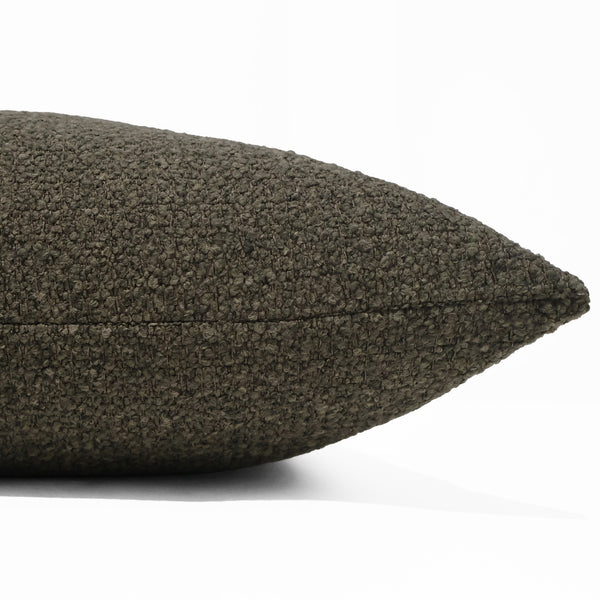 Olive Boucle Pillow Cover Side View - deep textured 97% olefin performance fabric, square indoor decorative pillow
