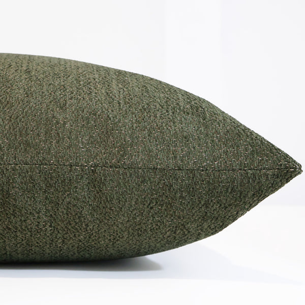 Olive Grove Pillow Cover in rich olive green textured upholstery-weight polyester fabric, handmade by Hackner Home for modern organic and rustic luxury interiors. Side View of cushion cover.