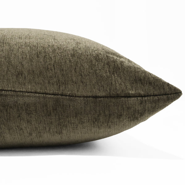 Marlowe Velveteen Pillow Cover in deep olive - soft acrylic-polyester velvet blend, square indoor decorative pillow. Side view of cushion cover.