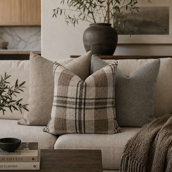 Quiet Retreat Pillow Cover Set styled on a sofa, showing the layered taupe, gray, and cream palette.